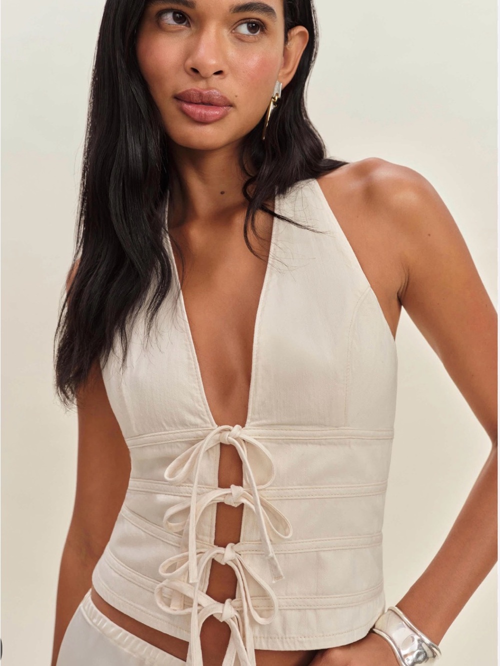 Reformation Kyleigh Denim Cream Tie-Front Halter Top